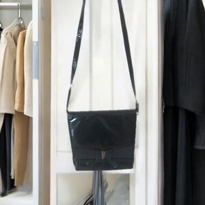 Authentic Salvatore Ferragamo Black Patent Leather Gold Bow Rare Vintage